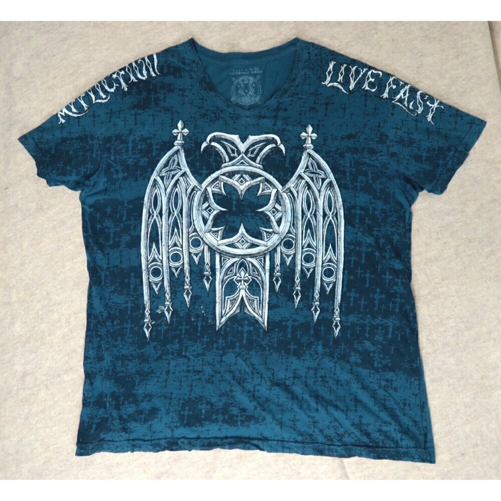 Vintage Y2K Affliction Cathedral Series T-Shirt Blue Live Fast V-Neck Men's 3XL